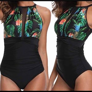 High Neck Halter Style One Piece Tropical Swimsuit Small